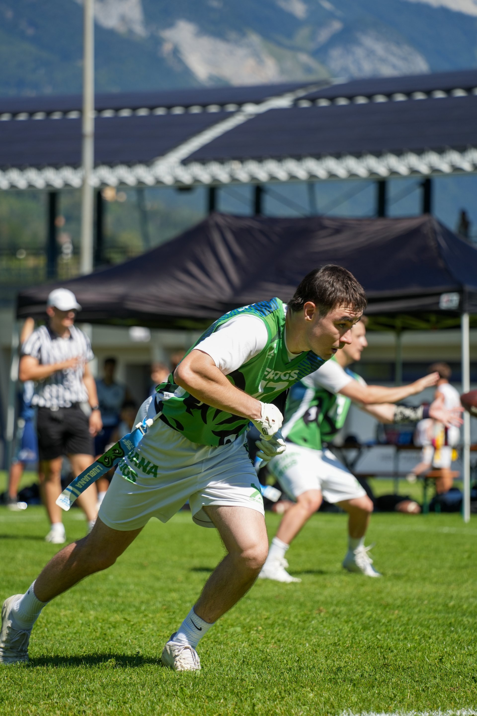 Leo Granfol #17 running with the football for Ljubljana Frogs