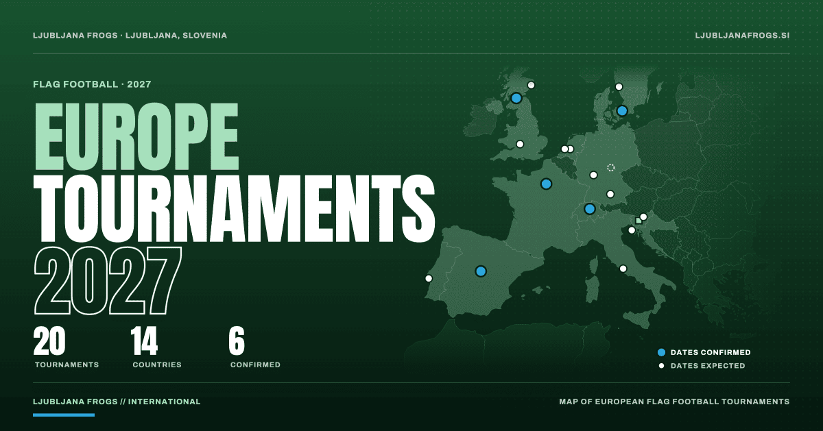 Map of Europe marking 20 flag football tournaments for 2027, six with confirmed dates, by Ljubljana Frogs
